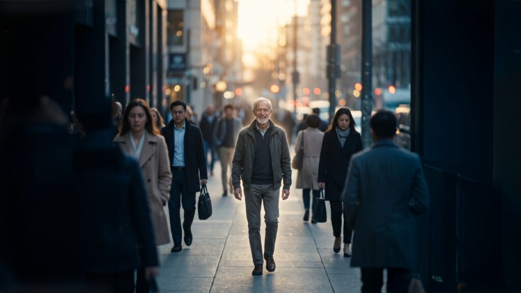 Pessoa feliz andando na rua: O otimismo reduz o risco de demência em 15% e atua como um regulador biológico contra o estresse. Pesquisas de Harvard indicam que essa mentalidade positiva preserva a saúde neurocognitiva e a longevidade cerebral.