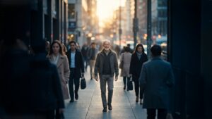 Pessoa feliz andando na rua: O otimismo reduz o risco de demência em 15% e atua como um regulador biológico contra o estresse. Pesquisas de Harvard indicam que essa mentalidade positiva preserva a saúde neurocognitiva e a longevidade cerebral.