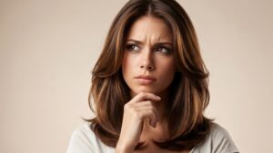 Mulher com expressão pensativa, ilustrando curiosidade contrafactual, cérebro e custo emocional das escolhas, em reflexão sobre o que teria acontecido diante de caminhos não escolhidos.