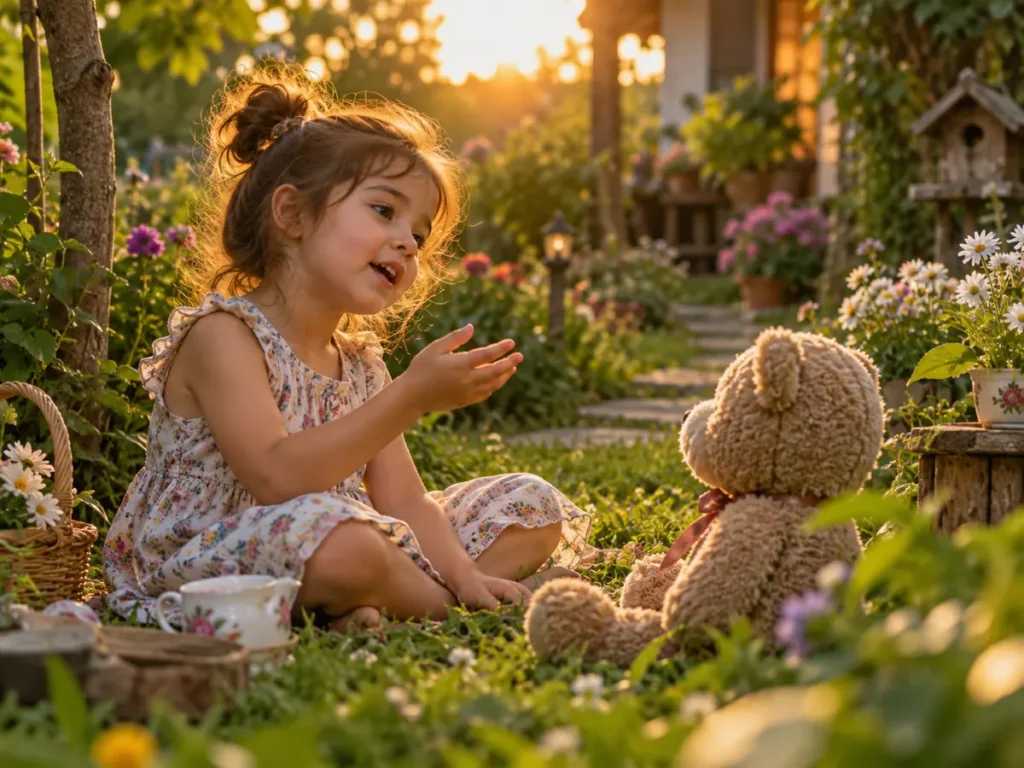 Menina conversando com um ursinho de pelúcia enquanto brinca no jardim