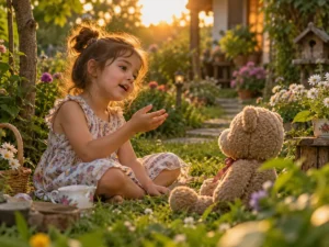 Menina conversando com um ursinho de pelúcia enquanto brinca no jardim